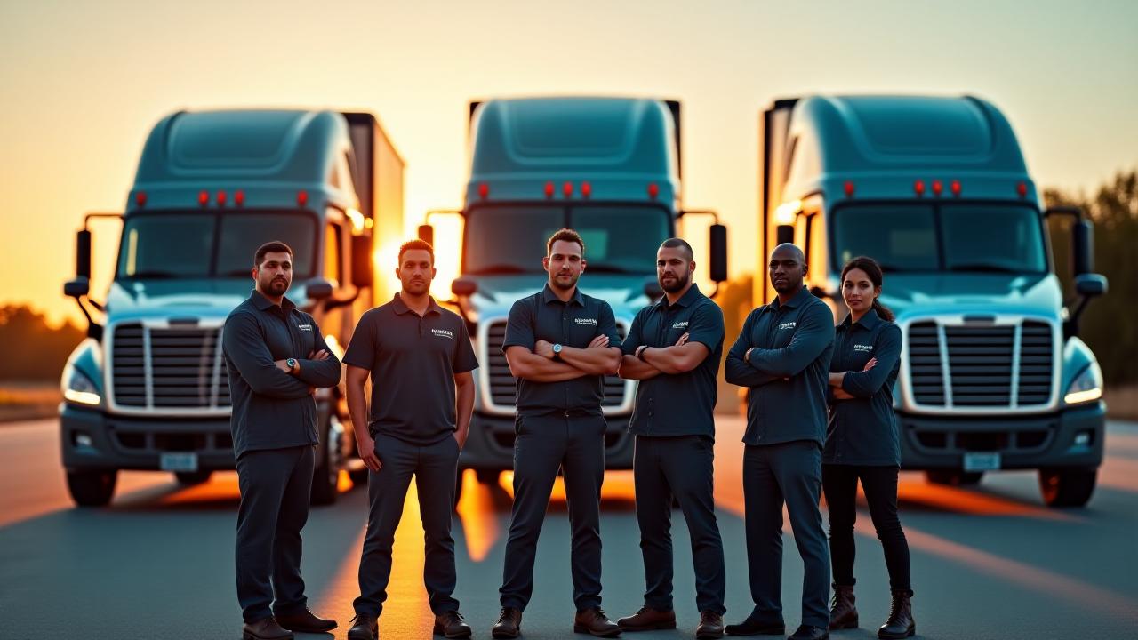 Reality Trucking team standing in front of a modern fleet at sunset