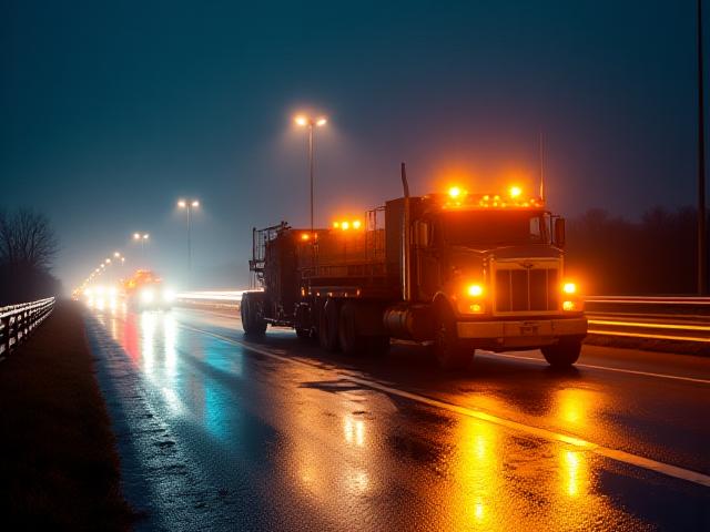 Heavy equipment transport trailer at dusk on a highway site