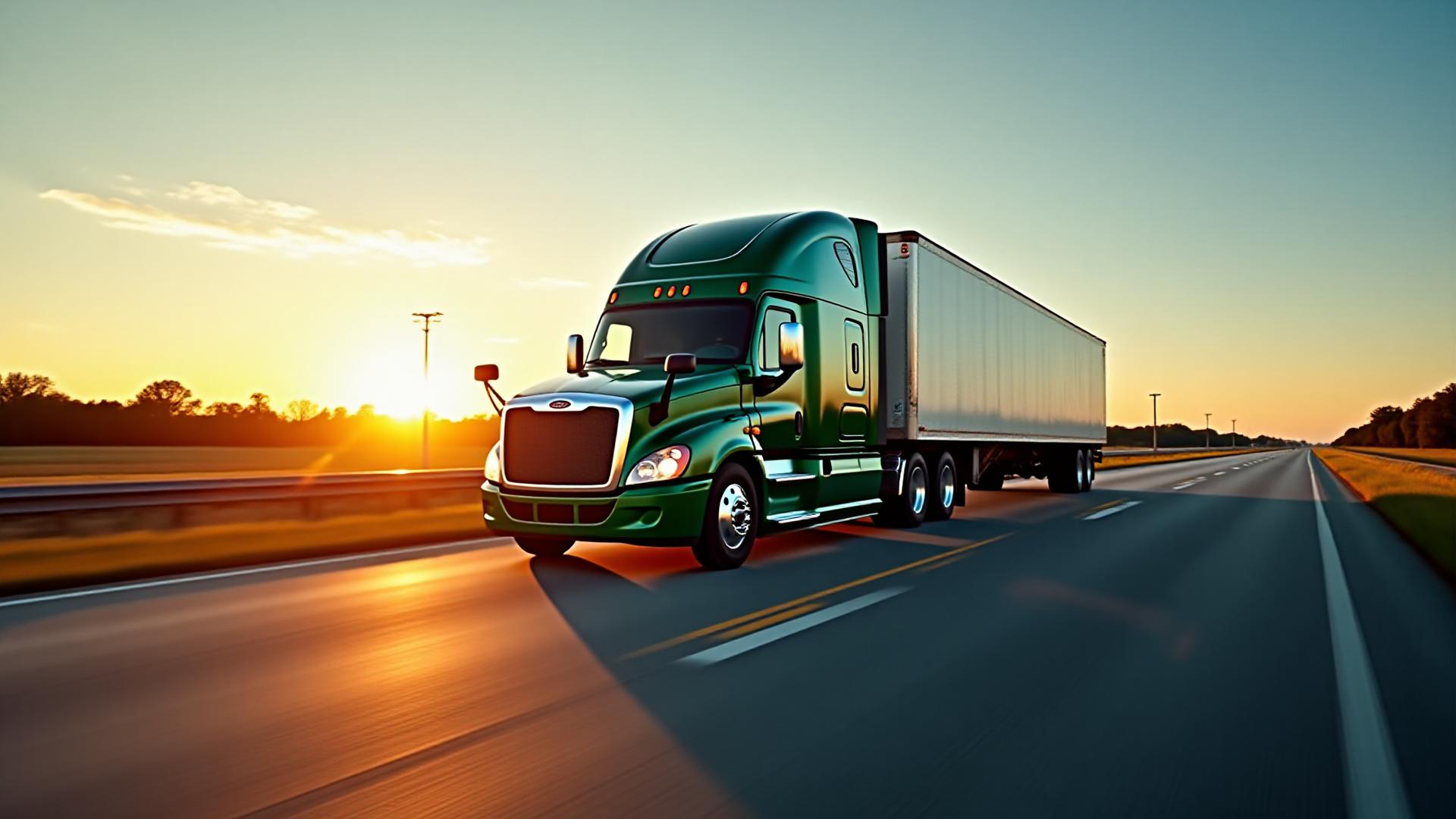 Reality Trucking heavy duty rig on the highway at dawn