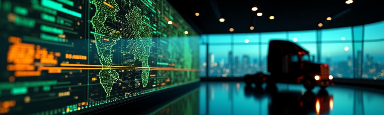 Secure data operations center featuring futuristic logistics tracking overlays