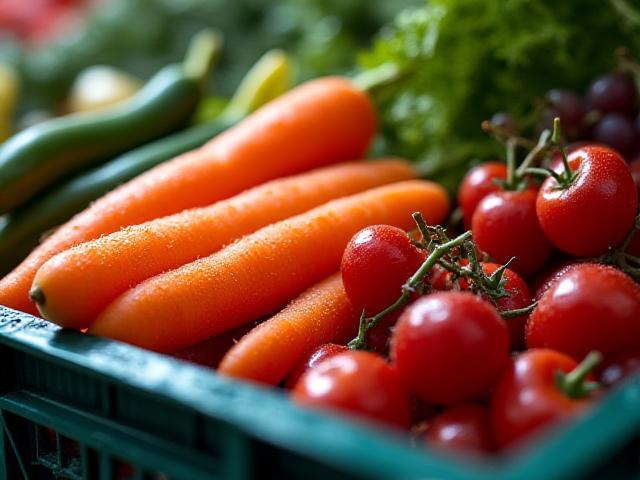 Fresh fruits and vegetables in a refrigerated storage environment