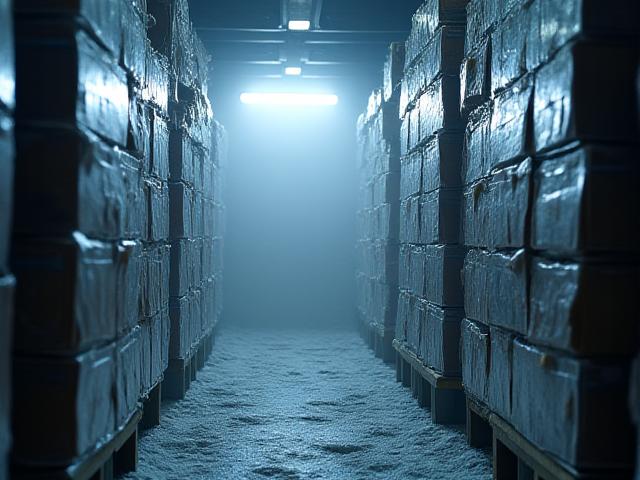 Frozen meat and packaged goods in industrial freezer transport