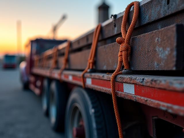 Heavy duty flatbed trailer hauling construction materials